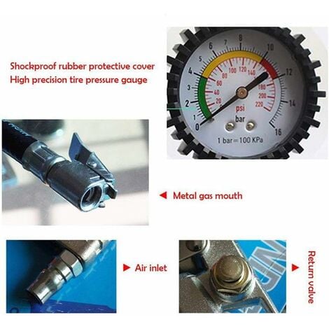 Controleur Pression Pneus Manometre Pression Pneu Jauge de Pression des Pneus Pistolet Gonflage de Pneu Manomètre Testeur de Pression d'air Multifonction 016bar pour Auto/Moto/Vélo