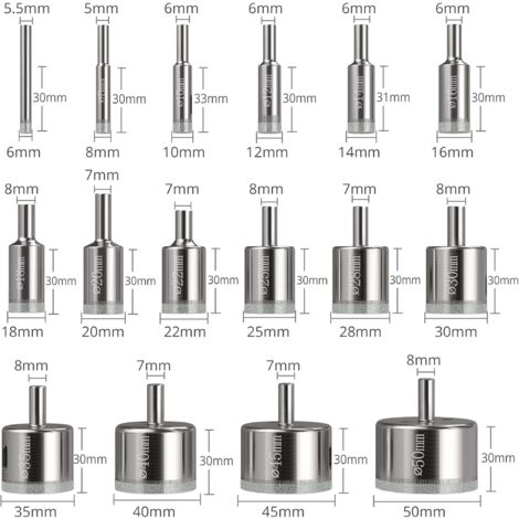Scies-cloches 16 pcs, Foret Diamant Scie Cloche 6-50 mm Outils de perçage en verre trous scies kit pour acier au carbone, perceuse en verre, céramique, porcelaine, carrelage, marbre