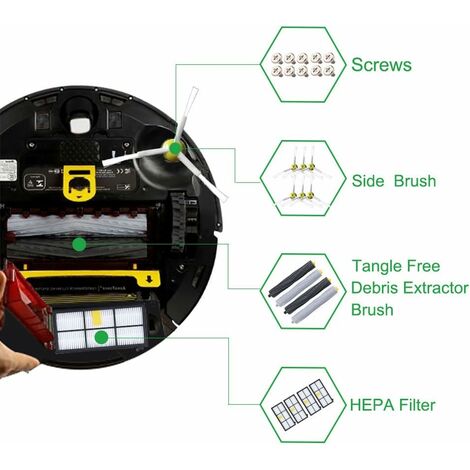 Kit Pièces Accessoires Compatible avec Roomba Serie 800 805 850 860 865 866 870 871 880 886 890 891 895 896 900 960 965 966 980 Filtres et Brosses pour Aspirateur Robot de, 24in1