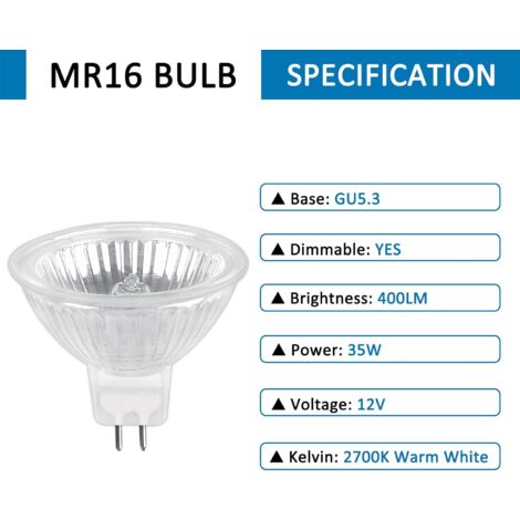 Ampoule Halogene GU5.3 35W 12V, 400lm Blanc Chaud 2700K Dimmable, Ampoule Spot Halogène MR16, pack de 6