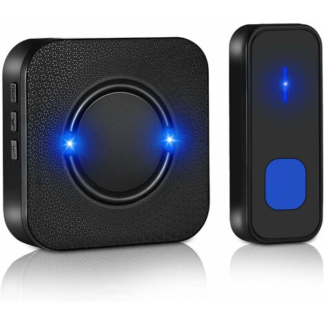 Sonnette sans Fil, 300 Mètres Sonnette de Porte IP55 Étanche Carillon Electronique, Kit de Carillon Étanche avec 1 Récepteur Enfichables, 55 Mélodies 5-Niveaux Volum,LED Flash - Noir
