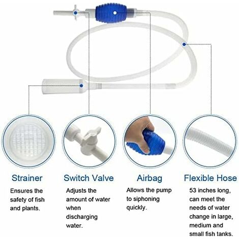 Kit de nettoyage d'aquarium 5 en 1 et nettoyeur de gravier pour aquarium - Pompe à siphon manuelle pour vider et remplacer votre eau en quelques minutes