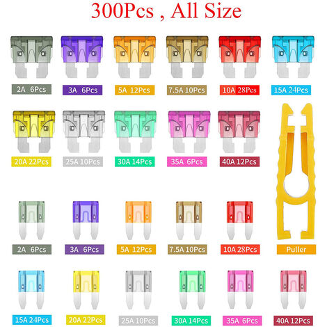300 Pièces Fusibles de Voiture, Fusible de Lame, Fusible à Lame Standard, Mini Kit de Fusibles, Kit de Fusibles Standard Mini La Norme Professionnel Multicolore Fusible pour Voiture, Camion, Bateau
