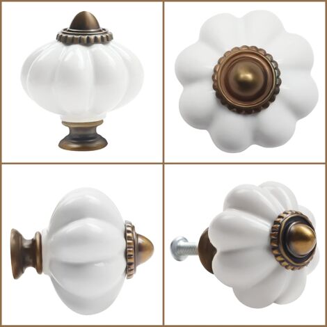 Bouton Ceramique Meuble Blanc et Bronze avec Vis en Forme de Citrouille (Lot de 8) - 3 x 3.5 cm - Bouton de Meuble Rond Vintage - Pour Maison, Bureau, Armoire de Cuisine, Tiroirs et Placard