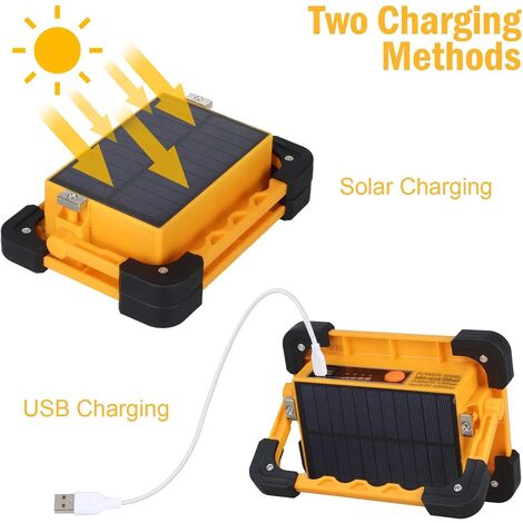 Projecteur LED Rechargeable, 60W 4 Modes Projecteur LED Chantier, 3000 Lumens Lampe de Travail Portable avec Batterie Rechargeable & Panneau Solaire, Lumière d'Urgence, pour Camping, Bricolage