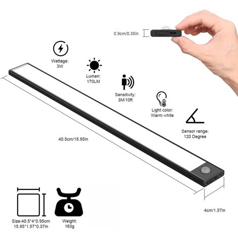 2 Pcs Lampe de Placard LED, 40cm, Sans Fil, Rechargeable par USB, Aimanté, Détecteur de Mouvement, 3 Modes d’Éclairage, Portable, Lumière de Placard, Blanc Chaud 3000K, Noir [Classe énergétique G]