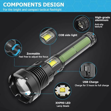 Lampe de Poche Ultra Puissante, USB-C Rechargeable 100000 Lumens Lampe  Torche LED, IP65 Étanche Tactique Torches, 5 Modes Zoombar pour Camping