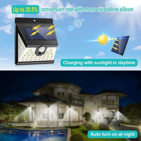 Lot de 6 lampes solaires d'extérieur avec détecteur de mouvement PIR - 40 LED - Détecteur de mouvement - 3 modes - Étanche - Pour le jardin - Noir