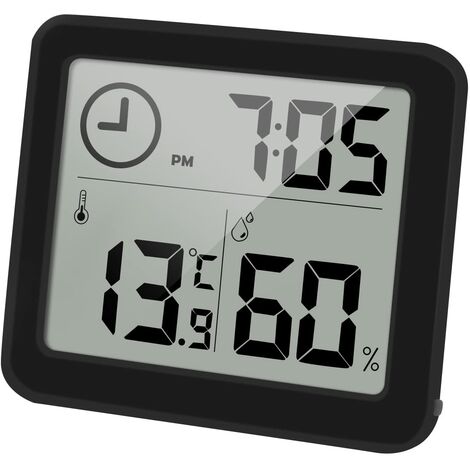 Thermomètre/hygromètre numérique Grand écran LCD 3,2” Intérieur D'ambiance Moniteur de Température et Humidimètre Indicateur D'humidité et de Température avec horloge (noir) (1/5)