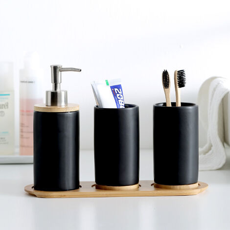 Lot de 4 Ensemble d'accessoires de Salle de Bain en céramique, Porte-Brosse à Dents, Distributeur de Savon, Gobelet, Plateau en Bambou（Noir）