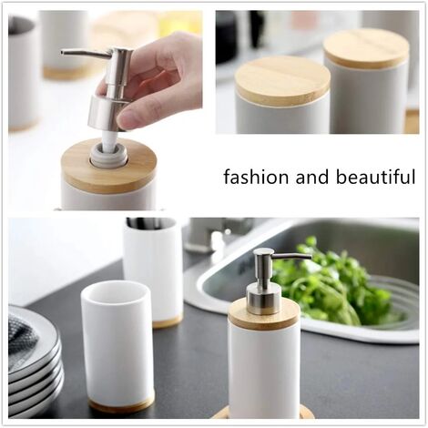 Lot de 4 Ensemble d'accessoires de Salle de Bain en céramique, Porte-Brosse à Dents, Distributeur de Savon, Gobelet, Plateau en Bambou（Noir）