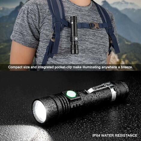 Lampe Torche LED Rechargeable USB, Lampe de Poche 600 Lumens, IP65 Étanche,  4 Modes Eclairage, Lampe de Poche Zoomable pour Ménage, Le Camping, La  Randonnée, D'urgence (Batterie Incluse) 