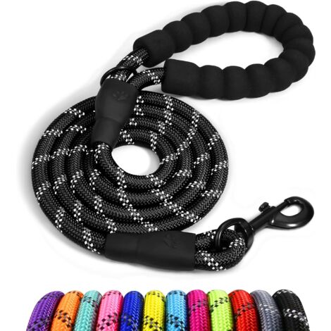 Chien Corde, Laisse pour Chien en Nylon avec Poignée Rembourrée Douce et des Fils réfléchissants, 150cm x 1.2cm, Noir