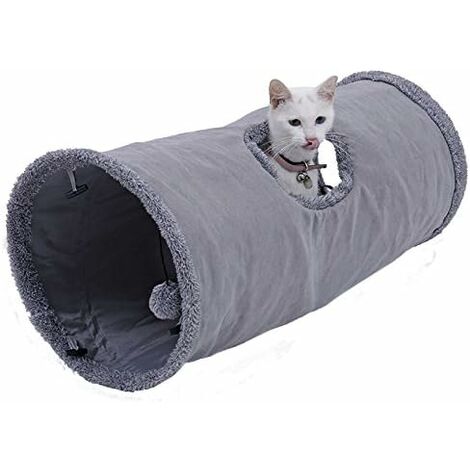 Jouet Tunnel pour Chat en Daim, Grand Tunnel a Chat Pliable avec 2 Trous et Boule Suspendue pour Chats Chatons Lapins Dia25 50cm