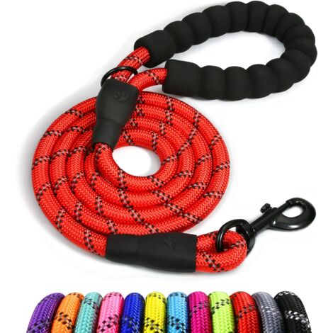 Chien Corde, Laisse pour Chien en Nylon avec Poignée Rembourrée Douce et des Fils réfléchissants, 150cm x 1.2cm, Rouge