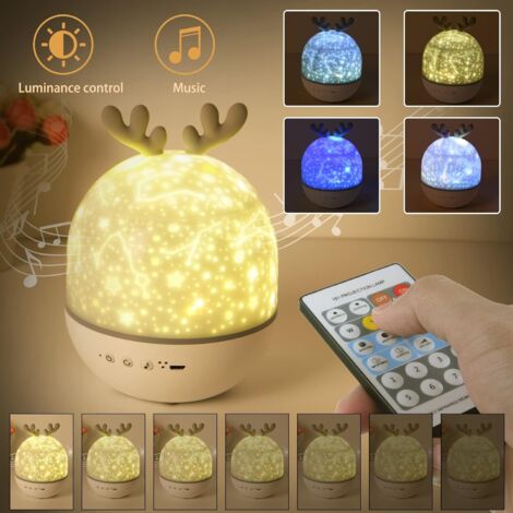 Veilleuse Enfant Lampe Etoile Projecteur, 360°Rotation Musicale Veilleuse + Minuterie + Télécommande + 6 Couleurs, LED Veilleuse Ciel Etoilé Bébé pour Anniversaire, Faon