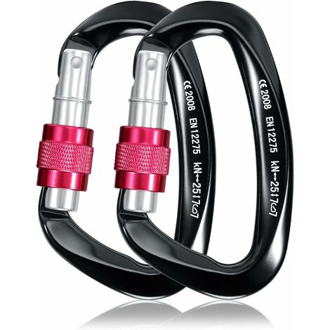 25KN Mousqueton Escalade 2pcs , Mousqueton Verrouillage de Sécurité en Forme de D Robuste Aluminium pour Camping, Lalpinisme, Randonnée, Sauvetage, Pêche, Descente en Rappel, Hamac (Noir)