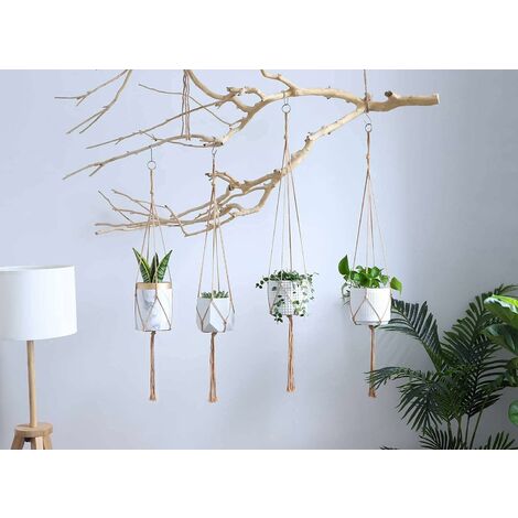3 Supports Macramé Pour Plantes Suspendues - Décoration Bohème Pour Intérieur/Extérieur - 35cm - Avec Crochets