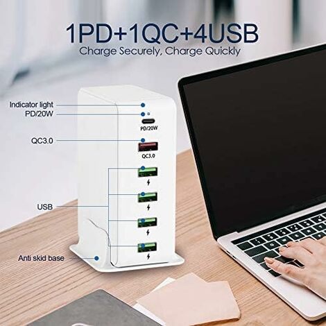 Chargeur USB C 65W Rapide 6 Ports (type C) - Prise Européenne - Couleur Jaune