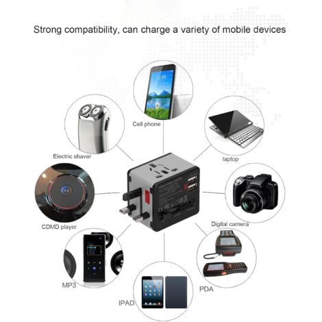 Adaptateur de voyage universel, adaptateur secteur international avec 2 ports USB, chargeur de prise 100 V à 240 V pour USA, AU, UK, EU couvre 220 pays(Gris)