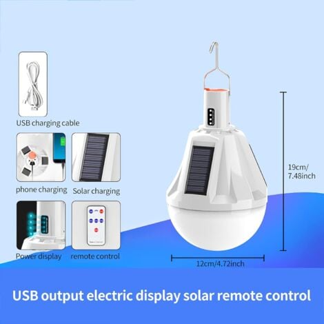 Ampoule LED solaire rechargeable par USB et étanche pour extérieur Télécommande incluse