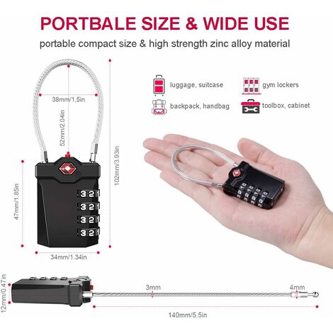Serrure TSA 4 Chiffres Avec Alarme Pour Valise - Cadenas Bagage Noir