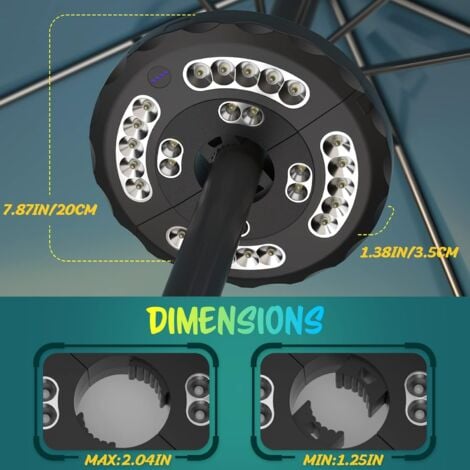 Lampes Pour Parasol, Rechargeable 28 LED Lumière de Parasol, Éclairage Lampe Parasol Patio 3 Modes de Luminosité, Luminaires Extérieure Pour Camping,Terrasse, Jardin, Tente [Classe énergétique A++]