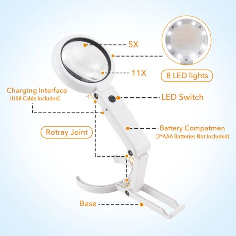 Loupe eclairante à Main sur Pied 5X 11X avec lumière 8 LED, loupe de Lecture, loupe de Table avec Support Pliable, pour Lecture, l'inspection, Soudure, l'artisanat, réparation, Ø75mm