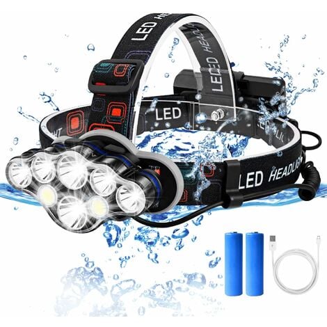 Lampe frontale LED, lampe frontale rechargeable USB 8 modes 12000 Lumin,  étanche IPX4, lampe frontale torche pour la pêche, le camping, la lecture,  la randonnée, le cyclisme 