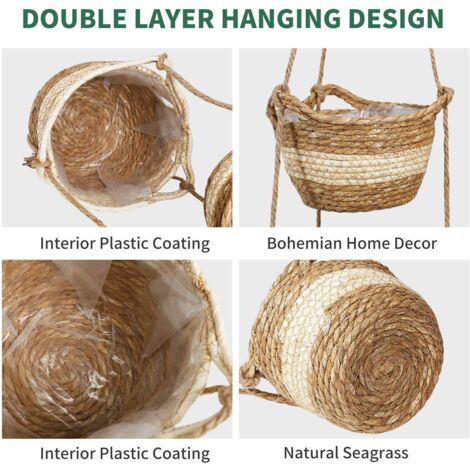 Panier Suspendu En Osier Beige - Pour Herbes Aromatiques, Fleurs | Décoration Murale Jardin, Balcon, Intérieur