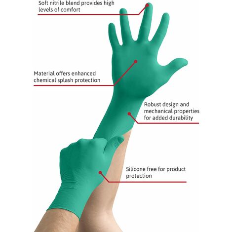 92-600 Gants Jetables en Nitrile, Non Poudrés, Haute Protection Chimique et Mécanique, Contact Alimentaire, Sécurité Industrielle, Sans Latex, Vert, Taille L (100 Gants)