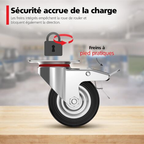 Roulettes Pivotantes 100mm Lot De 4 - Capacité 300kg, 2 Avec Frein, En Caoutchouc Pour Meubles
