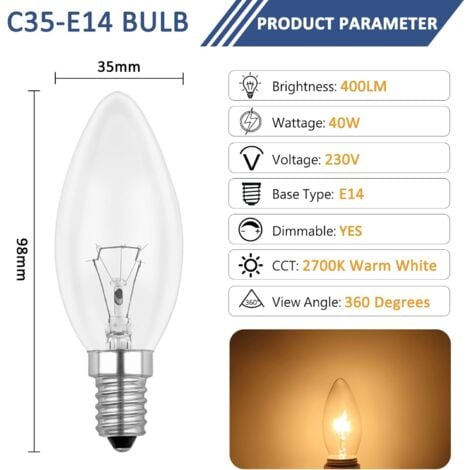 Ampoule Bougie Clair E14 40W, Ampoule Incandescence Dimmable, Blanc Chaud 2700K, 400LM, Ampoule Flamme, E14 Ampoules à bougie à vis Edison, Pack de 10