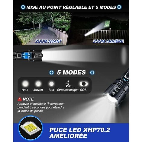 Lampe Torche LED Ultra Puissante, 10000 Lumens Rechargeable, IP67 Étanche Lampe Tactique, P70 Torches 5 Modes, Zoomable, pour Camping Randonnée Urgence (Avec Batterie) [Classe énergétique A+++]