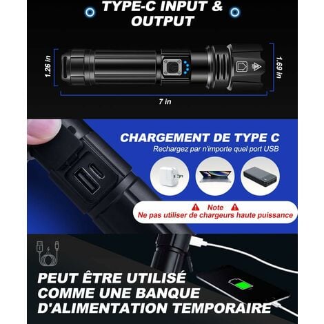 Lampe Torche LED Ultra Puissante, 10000 Lumens Rechargeable, IP67 Étanche Lampe Tactique, P70 Torches 5 Modes, Zoomable, pour Camping Randonnée Urgence (Avec Batterie) [Classe énergétique A+++]