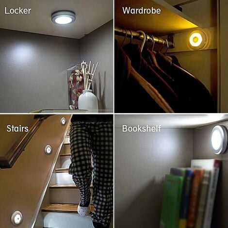 Veilleuse detecteur de mouvement intérieur,lampe led detecteur de mouvement pile pour escaliers, Eclairage LED Placard Armoire Couloir chambre enfant Auto ON / OFF 3M Adhésif (6pcs,blanche chaude)