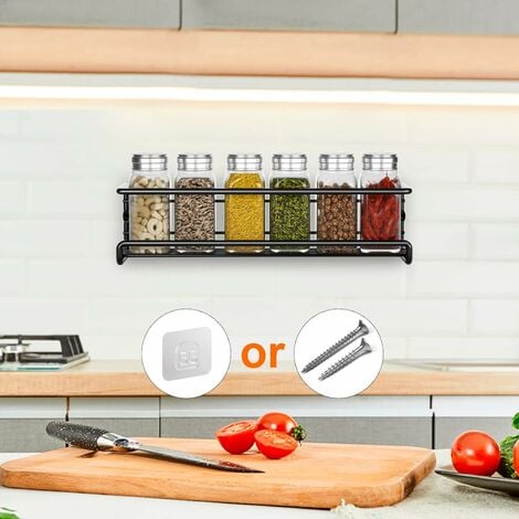 Rangement Epices Cuisine, Étagère Épices en Métal Sans Percage, Range Épices Murale Cuisine, Porte Épices pour Épices Pots Accessoire Garde-Manger Cuisine Placard, 29x6x6cm (Noir, 2 Pièces)