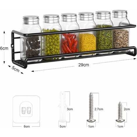 Rangement Epices Cuisine, Étagère Épices en Métal Sans Percage, Range Épices Murale Cuisine, Porte Épices pour Épices Pots Accessoire Garde-Manger Cuisine Placard, 29x6x6cm (Noir, 2 Pièces)