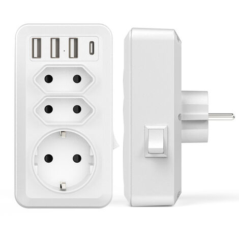 USB Secteur Multiple, 7 en 1 USB Chargeur Multiprise Murale avec 3 Sortie AC (16A, 3800W), 3 Ports USB 5V/3.4A, 1 Port Type-C, pour la Maison Le Bureau Les Voyages Compatible avec Phone (1/4)