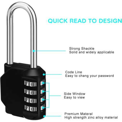 Serrures à Combinaison à 4 Chiffres Cadenas Casier Étanche Réarmable Cadenas Extérieur à Clé avec Anse Trempée pour Casier de Porte Gym École Portail (4, Noir, Argent, Rouge, Bleu