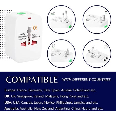 Adaptateur Voyage Universel, Adaptateur Prise Universelle Multi-Fonction, Internationale 200 Pays (France, USA, UK et Australie), All-in-One Travel Adapter