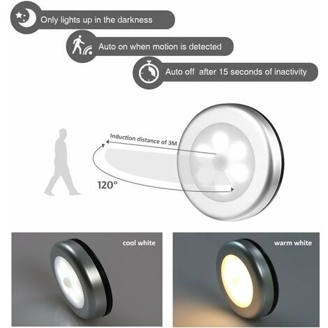 Veilleuse detecteur de mouvement intérieur,lampe led detecteur de mouvement pile pour escaliers, Eclairage LED Placard Armoire Couloir chambre enfant Auto ON / OFF 3M Adhésif (6pcs,blanche chaude)