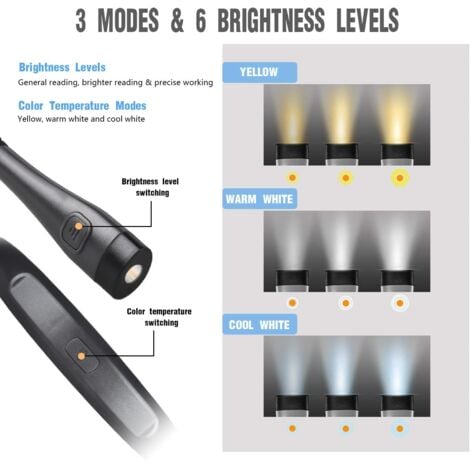 Lampe de Lecture de Cou Rechargeable, Lampe pour lecture au Lit,3 Couleurs, 6 Niveaux de Luminosité, Bras Pliables, Longue Durée de Vie, Parfaite pour la Lecture,Le Tricot,la Réparation