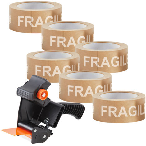 Pack and Move - Lot 6 rouleaux ruban adhésif kraft "Fragile" pour emballage et déménagement - 50 m - 1 dévidoir offert - Qualité Premium (1/5)