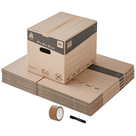 Kit déménagement standard 22 articles – 20 cartons 40x30cm – Poignées renforcées – Capacité 10kg – 1 marqueur et rouleau adhésif offerts – Pack And Move