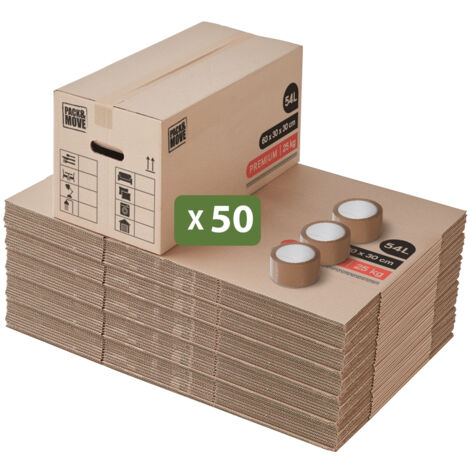Pack and Move - Lot 50 Cartons Déménagement Premium - 60 X 30 X 30 Cm - Extrême Résistance 25 KG- Réutilisables - Double Épaisseur - Poignées Renforcées - 3 Adhésifs Offerts (1/5)