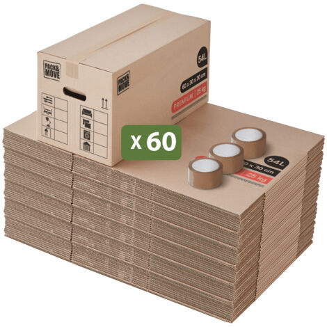 Pack and Move- Lot 60 Cartons Déménagement Premium - 60 X 30 X 30 Cm - Extrême Résistance 25 KG- Réutilisables - Double Épaisseur - Poignées Renforcées - 3 Adhésifs Offerts