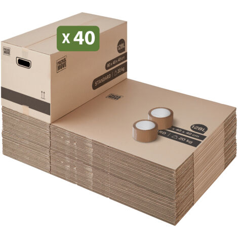 Lot de 40 cartons déménagement XL 80 x 40 x 40 cm – Poignées renforcées – Capacité 128 litres – Poids max 20 kg – Pack And Move
