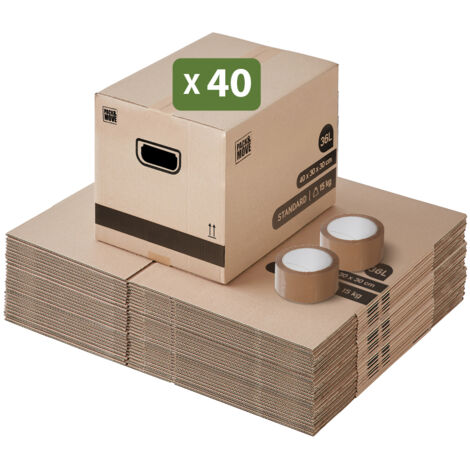 Lot de 40 cartons de déménagement 40 x 30 x 30 cm – Poignées renforcées – Capacité 36 litres – Résistance jusqu'à 15 kg – Pack And Move