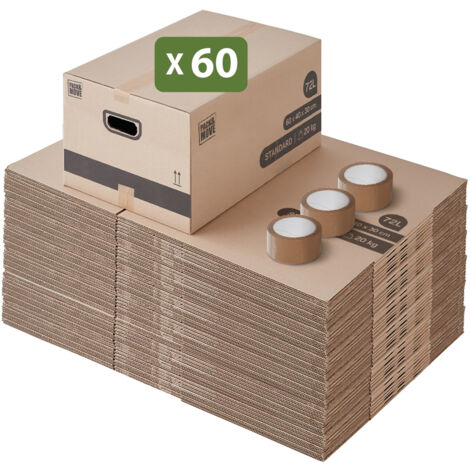 Lot de 60 cartons déménagement M – Dimensions 60 x 40 x 30 cm – Capacité 72 litres – Poignées renforcées pour transport facile – Pack And Move